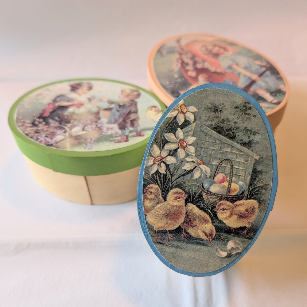 Vintage Lillian Vernon Wooden Nesting Boxes, Pastel Lids, Victorian Easter Scene